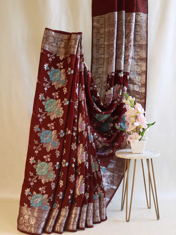 Banarasee Handloom Pure Chiniya Silk Saree With Zari & Meena Work-Dark Maroon