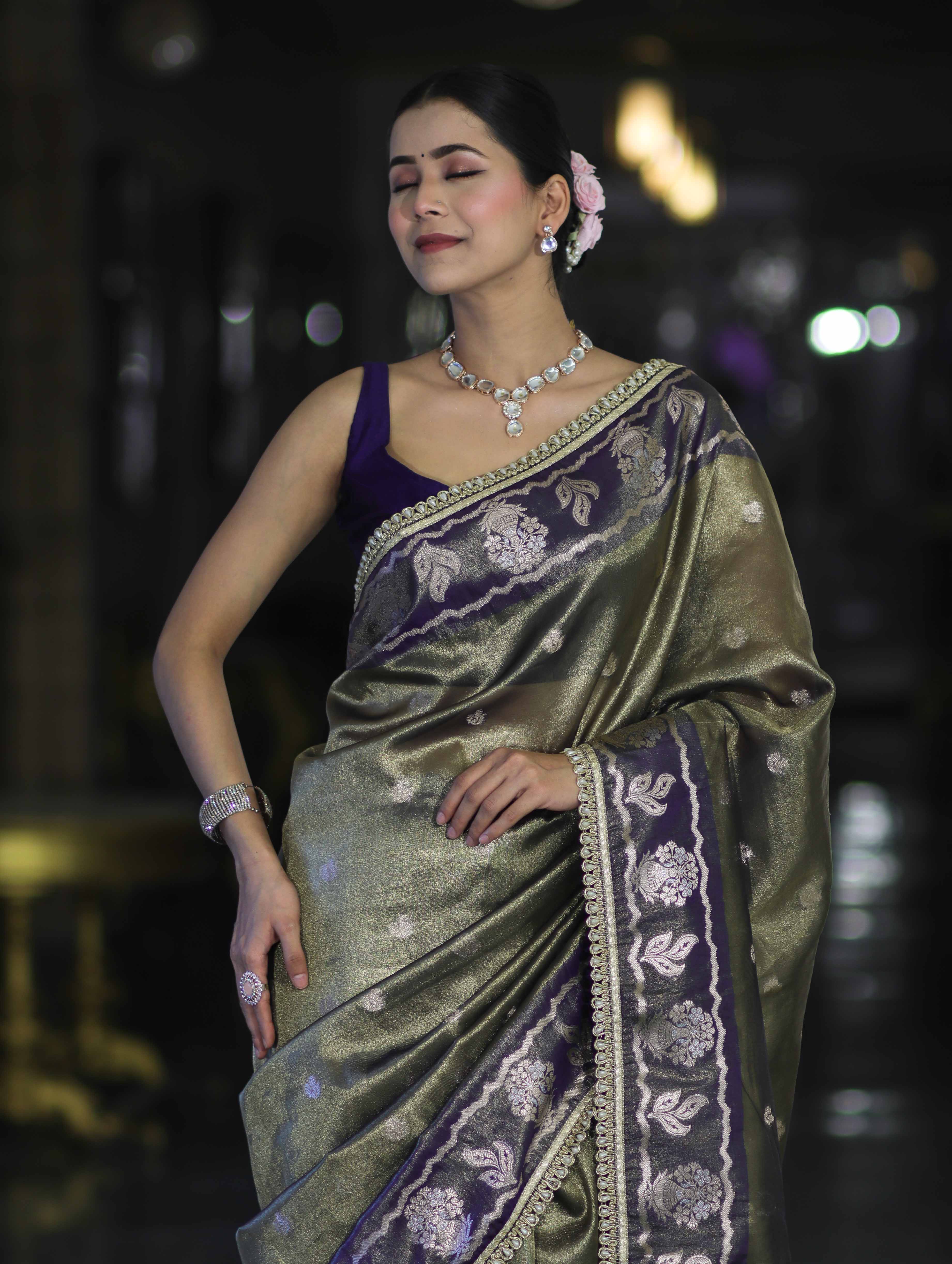 Banarasee Handloom Tissue Saree With Buti Design Contrast Border & Lace-Olive Green