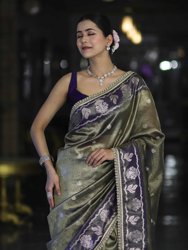 Banarasee Handloom Tissue Saree With Buti Design Contrast Border & Lace-Olive Green