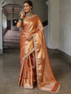 Banarasee Handwoven Tissue Saree With Zari Jaal Design & Lace-Rust