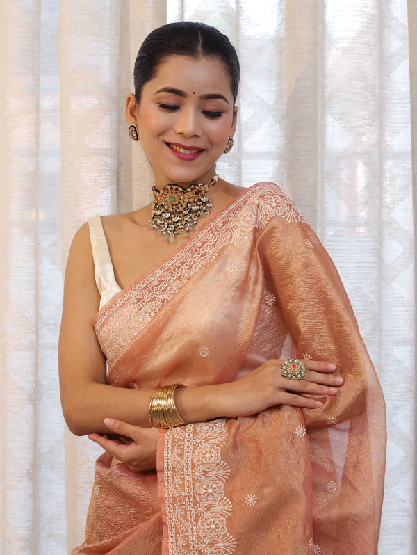 Banarasee Handwoven Crushed Tissue Saree With Hand Embroidered Buti Design & Border-Rust