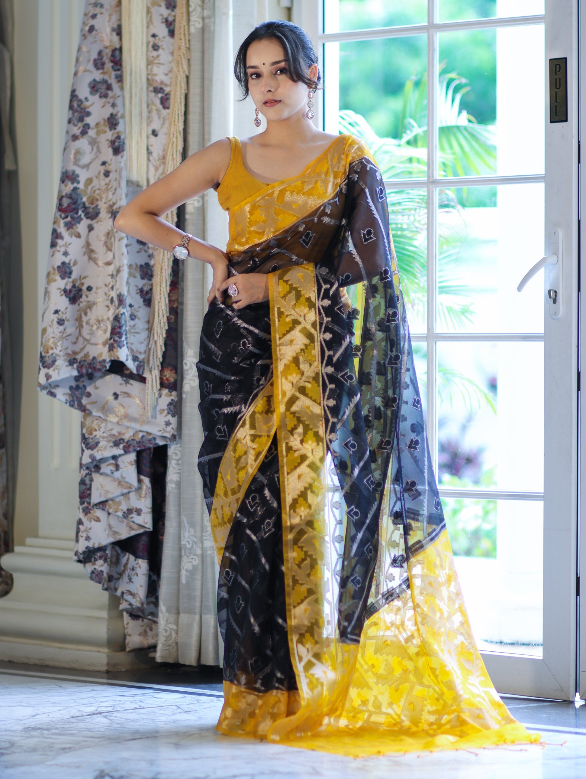 Banarasee Organza Mix Saree With Zari Work & Contrast Border-Black & Yellow