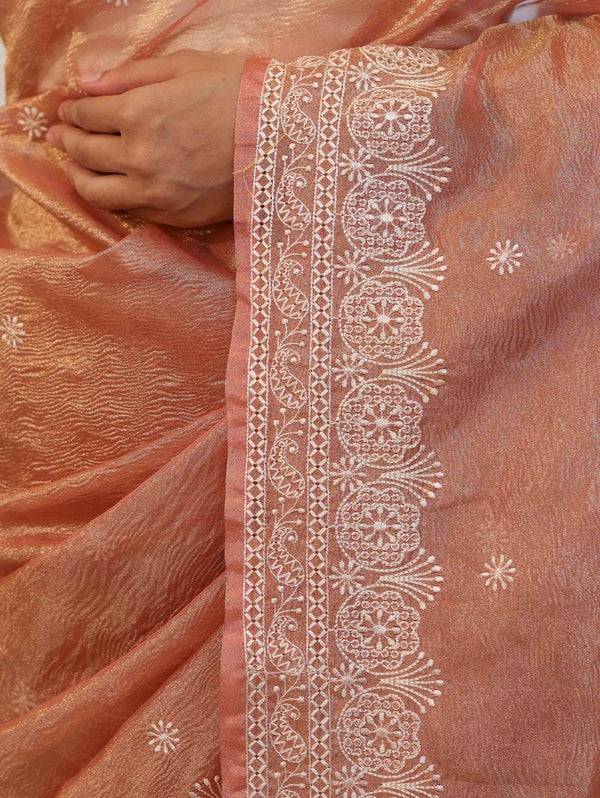 Banarasee Handwoven Crushed Tissue Saree With Hand Embroidered Buti Design & Border-Rust