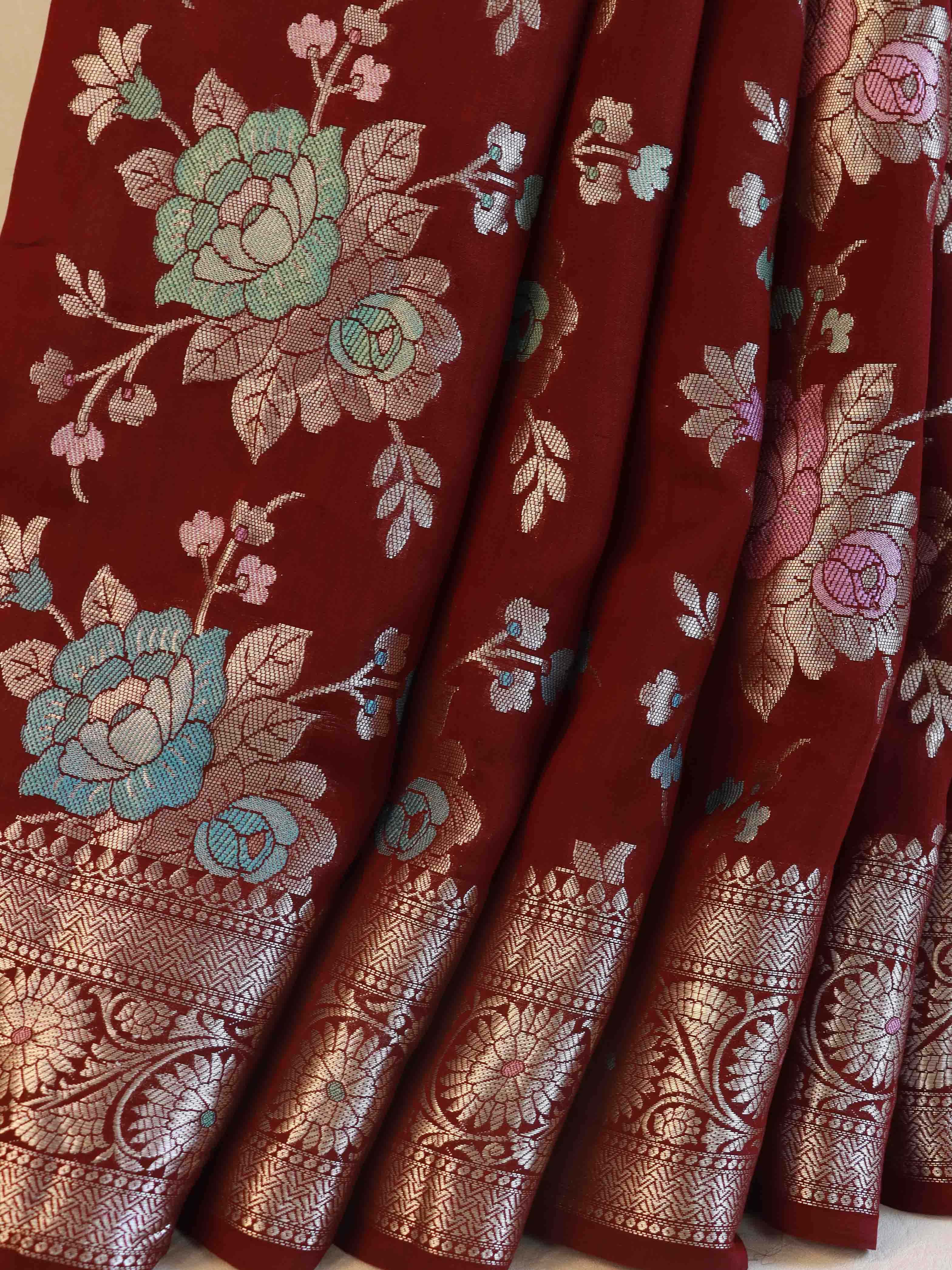 Banarasee Handloom Pure Chiniya Silk Saree With Zari & Meena Work-Dark Maroon