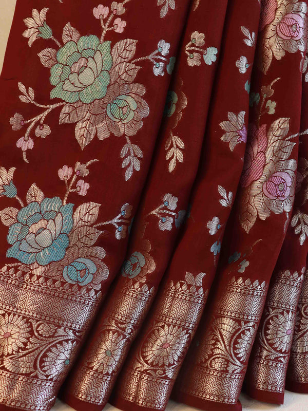 Banarasee Handloom Pure Chiniya Silk Saree With Zari & Meena Work-Dark Maroon