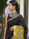 Handloom Maheshwari Silk Bagru Block Printed Mirror Work Saree-Black