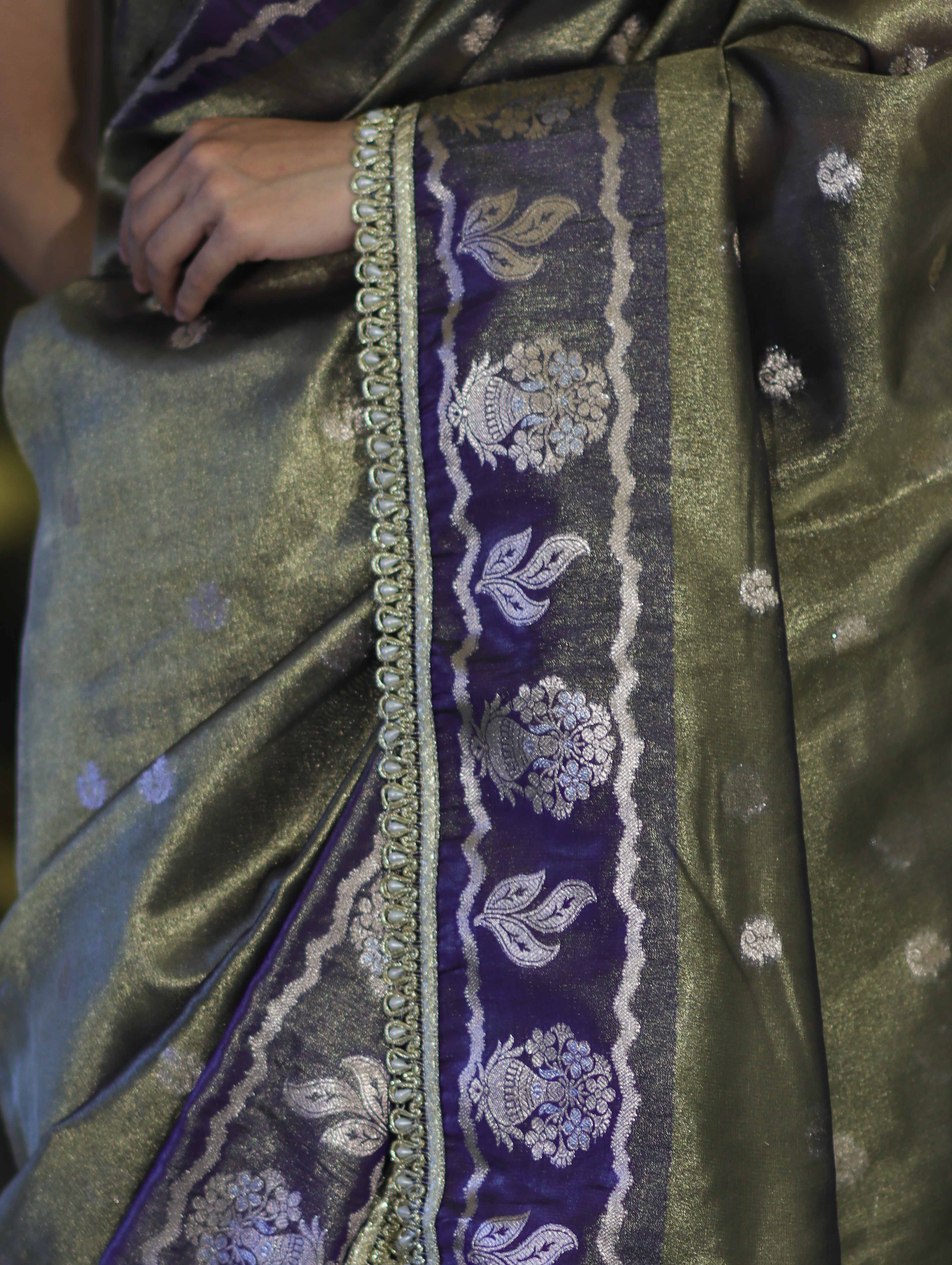 Banarasee Handloom Tissue Saree With Buti Design Contrast Border & Lace-Olive Green