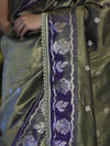 Banarasee Handloom Tissue Saree With Buti Design Contrast Border & Lace-Olive Green