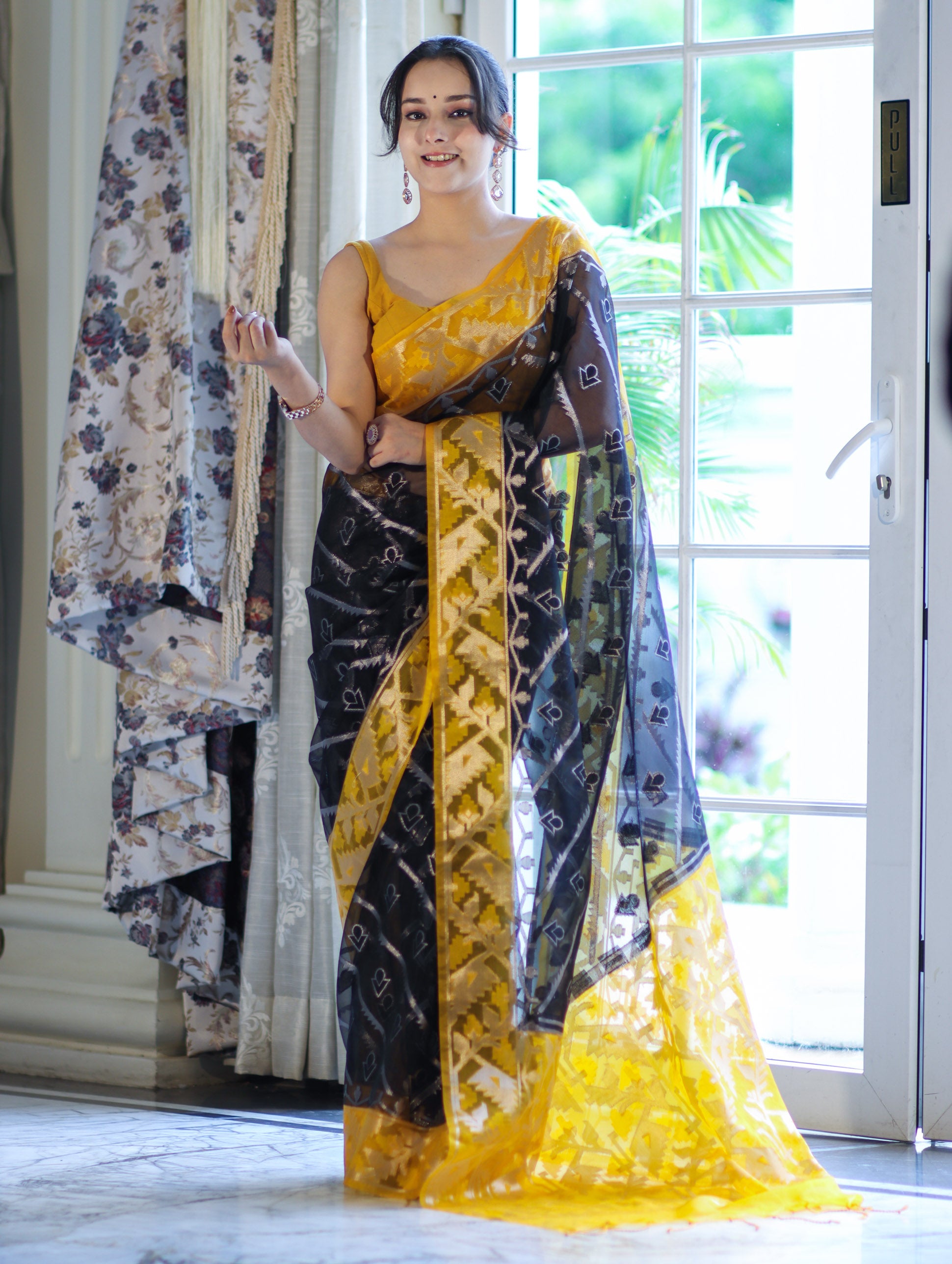 Banarasee Organza Mix Saree With Zari Work & Contrast Border-Black & Yellow