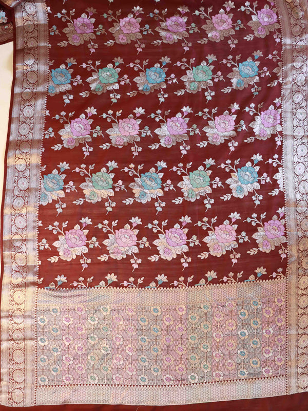 Banarasee Handloom Pure Chiniya Silk Saree With Zari & Meena Work-Dark Maroon