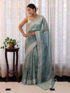 Banarasee Handwoven Crushed Tissue Saree With Hand Embroidered Buti Design & Border-Aqua Blue