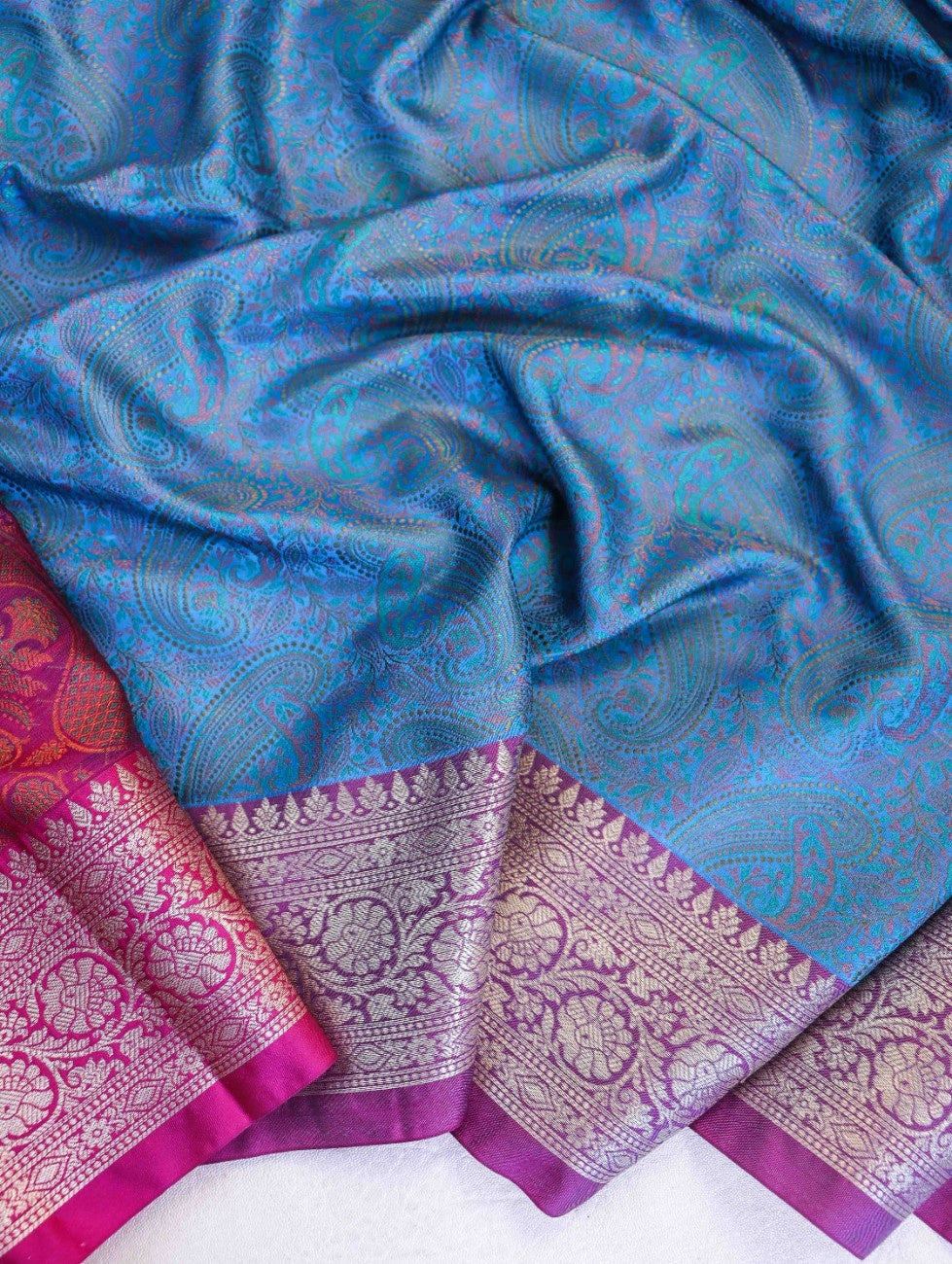Banarasee Jamewar Tanchoi Soft Silk Saree with Contrast Border-Sky Blue & Magenta