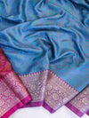 Banarasee Jamewar Tanchoi Soft Silk Saree with Contrast Border-Sky Blue & Magenta