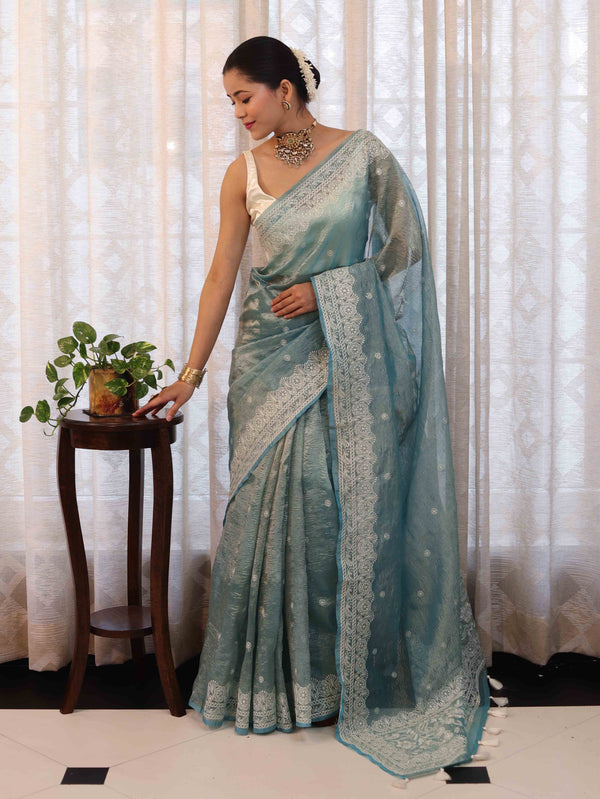 Banarasee Handwoven Crushed Tissue Saree With Hand Embroidered Buti Design & Border-Aqua Blue