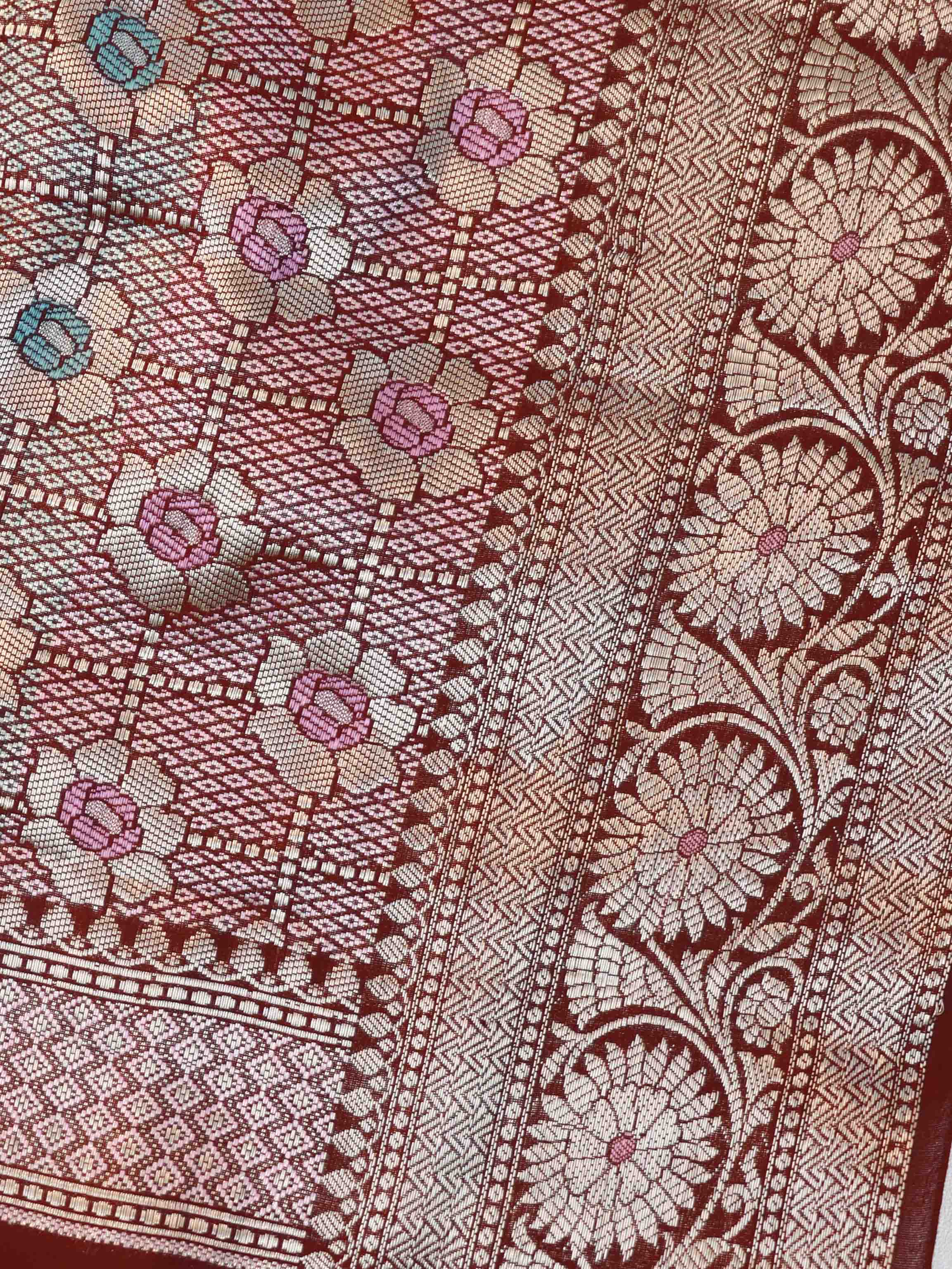Banarasee Handloom Pure Chiniya Silk Saree With Zari & Meena Work-Dark Maroon