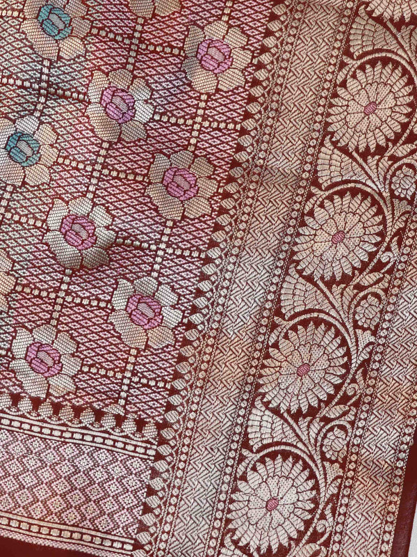 Banarasee Handloom Pure Chiniya Silk Saree With Zari & Meena Work-Dark Maroon