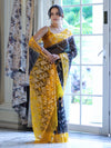 Banarasee Organza Mix Saree With Zari Work & Contrast Border-Black & Yellow