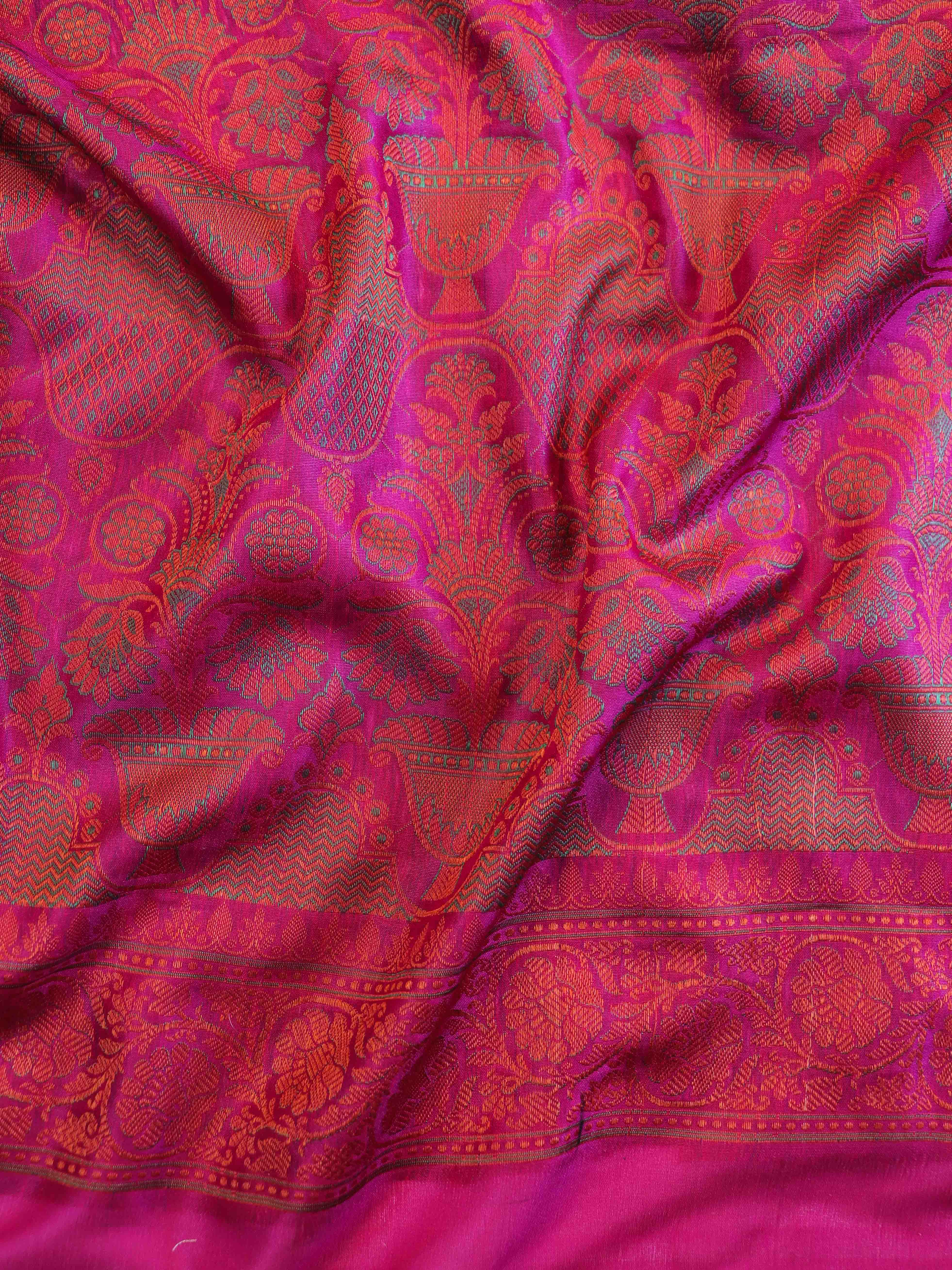 Banarasee Jamewar Tanchoi Soft Silk Saree with Contrast Border-Sky Blue & Magenta