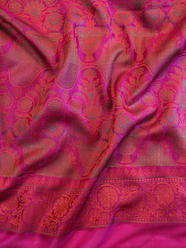 Banarasee Jamewar Tanchoi Soft Silk Saree with Contrast Border-Sky Blue & Magenta
