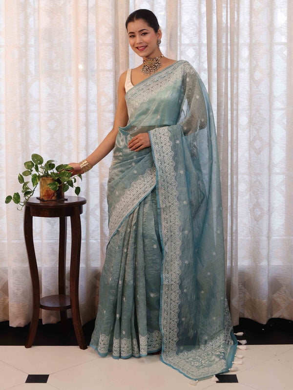 Banarasee Handwoven Crushed Tissue Saree With Hand Embroidered Buti Design & Border-Aqua Blue