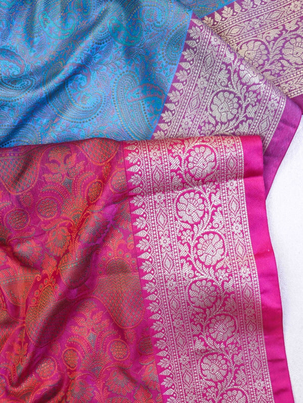 Banarasee Jamewar Tanchoi Soft Silk Saree with Contrast Border-Sky Blue & Magenta