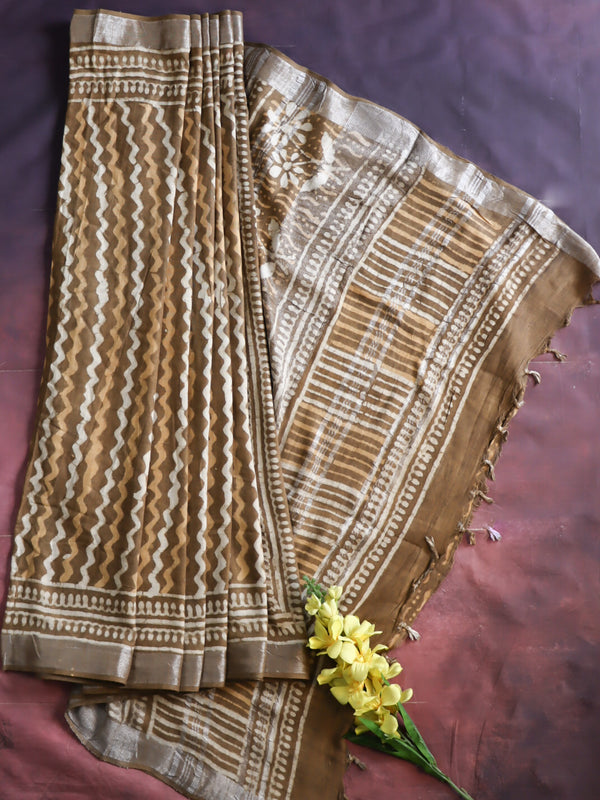 Linen Cotton Bagru Hand-Block Printed Saree-Brown