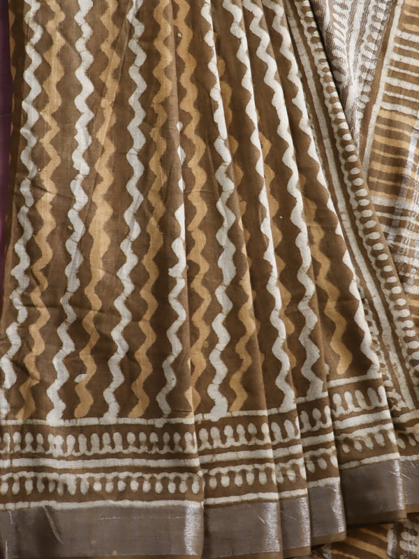 Linen Cotton Bagru Hand-Block Printed Saree-Brown