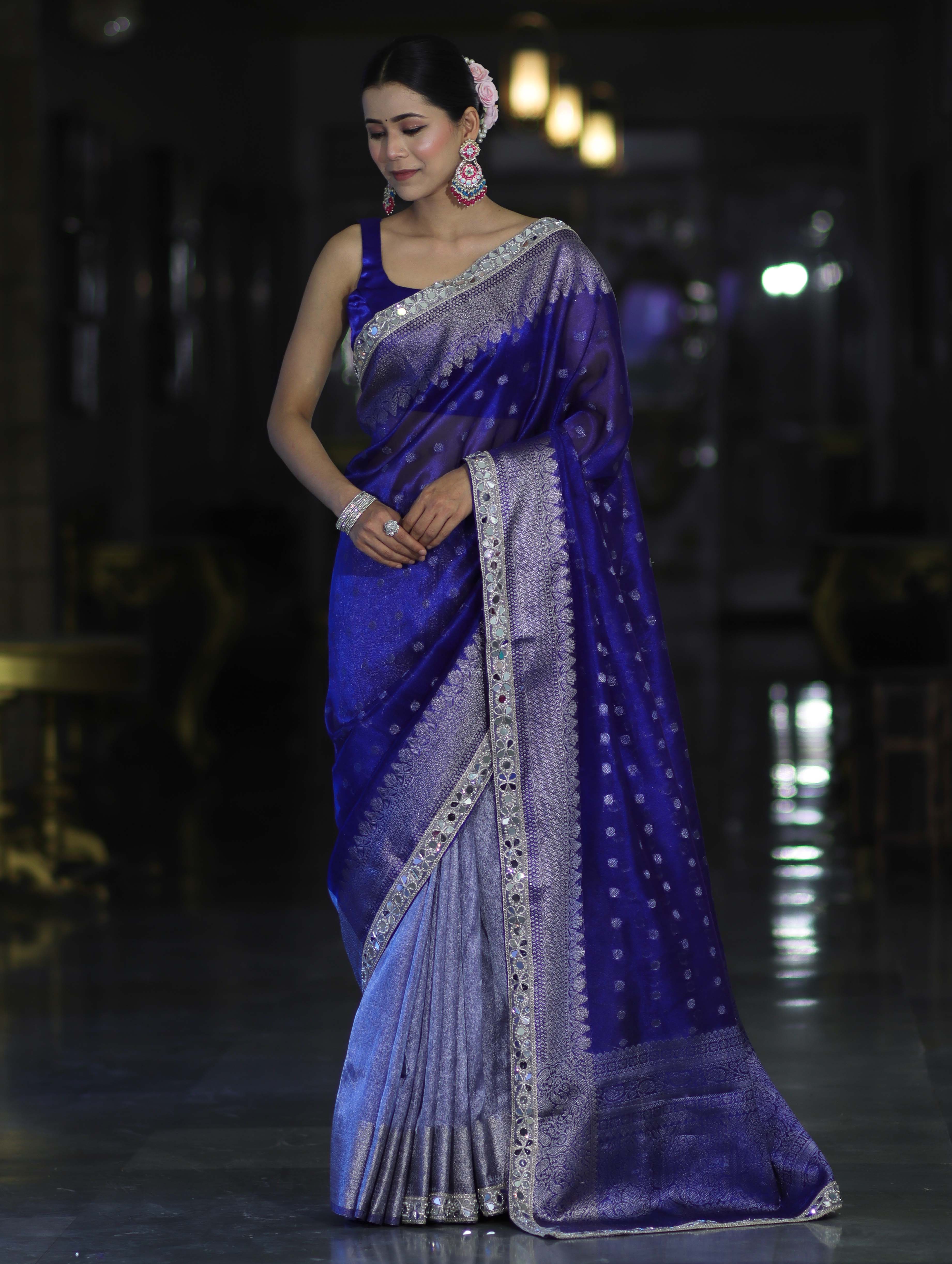 Banarasee Handloom Tissue Saree With Buti Design Zari Border & Lace-Blue