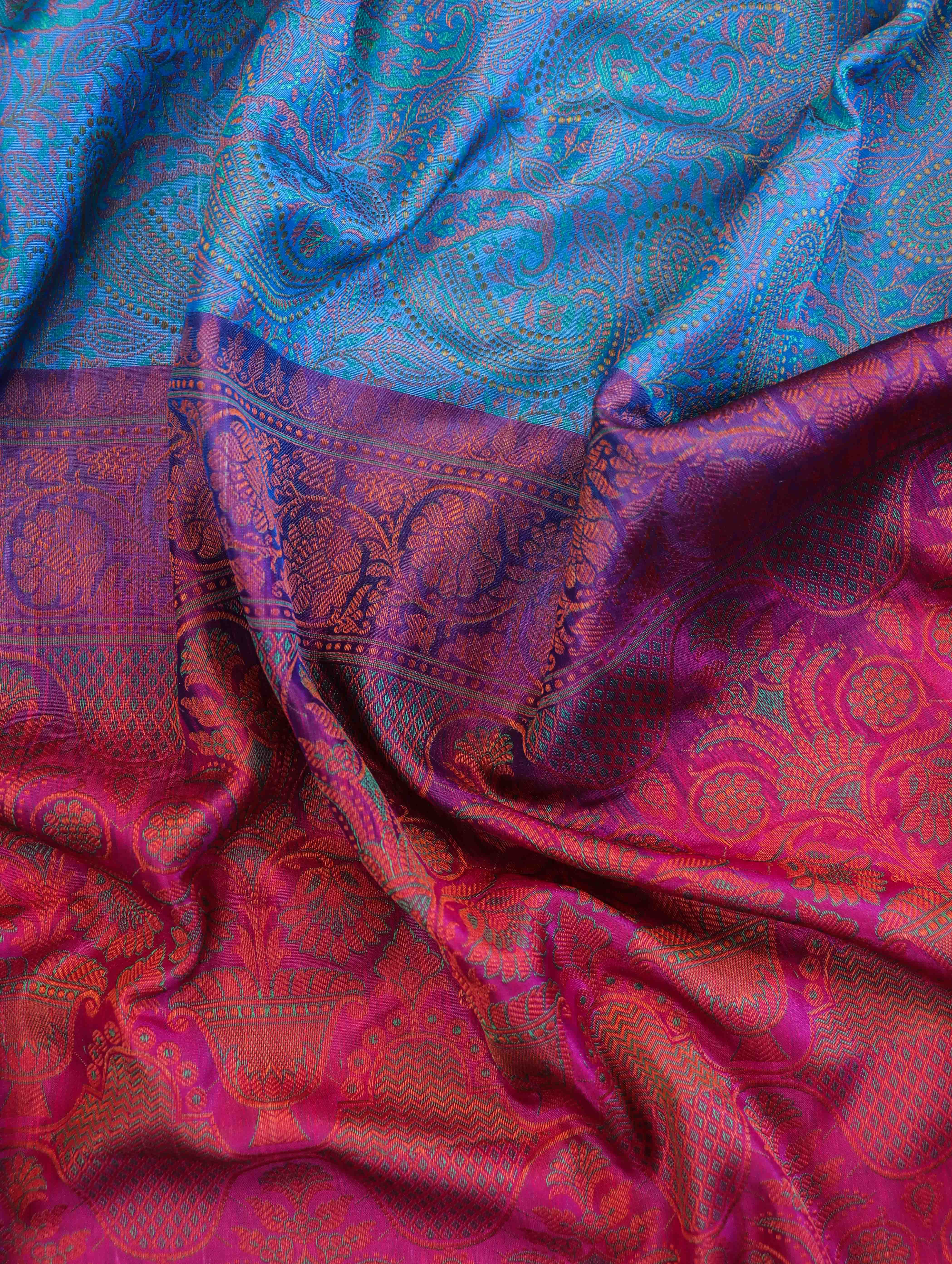 Banarasee Jamewar Tanchoi Soft Silk Saree with Contrast Border-Sky Blue & Magenta