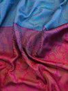 Banarasee Jamewar Tanchoi Soft Silk Saree with Contrast Border-Sky Blue & Magenta