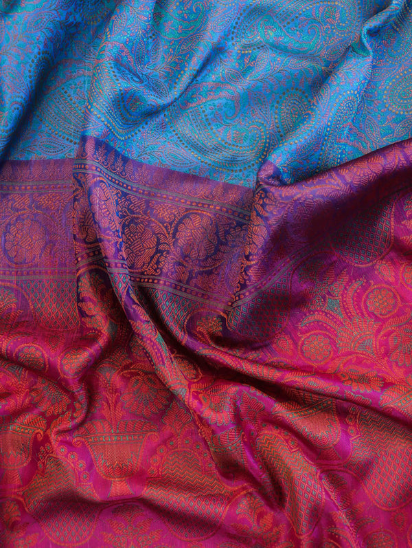 Banarasee Jamewar Tanchoi Soft Silk Saree with Contrast Border-Sky Blue & Magenta