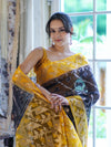 Banarasee Organza Mix Saree With Zari Work & Contrast Border-Black & Yellow
