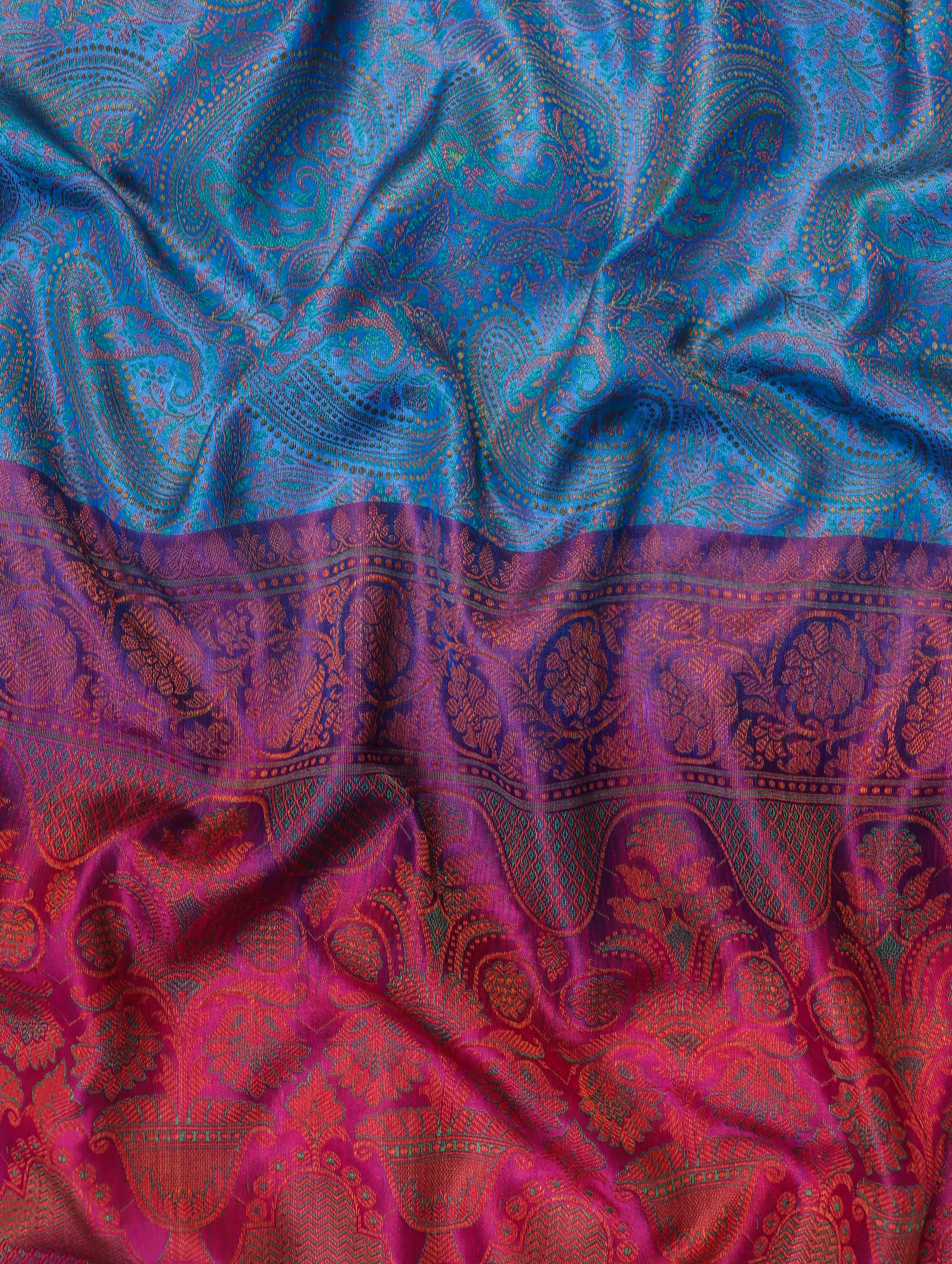 Banarasee Jamewar Tanchoi Soft Silk Saree with Contrast Border-Sky Blue & Magenta