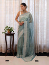 Banarasee Handwoven Crushed Tissue Saree With Hand Embroidered Buti Design & Border-Aqua Blue