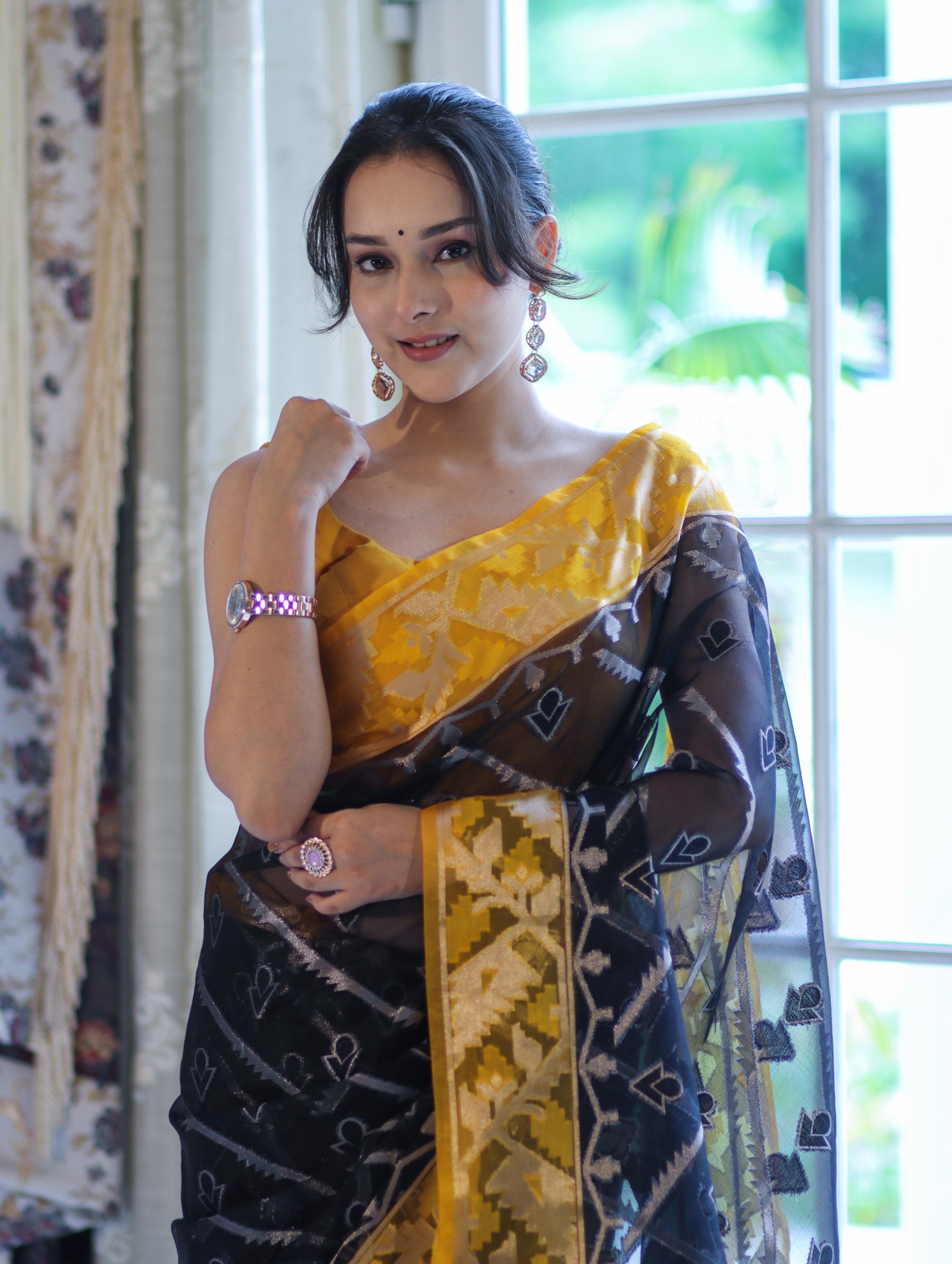 Banarasee Organza Mix Saree With Zari Work & Contrast Border-Black & Yellow