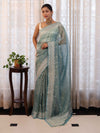 Banarasee Handwoven Crushed Tissue Saree With Hand Embroidered Buti Design & Border-Aqua Blue