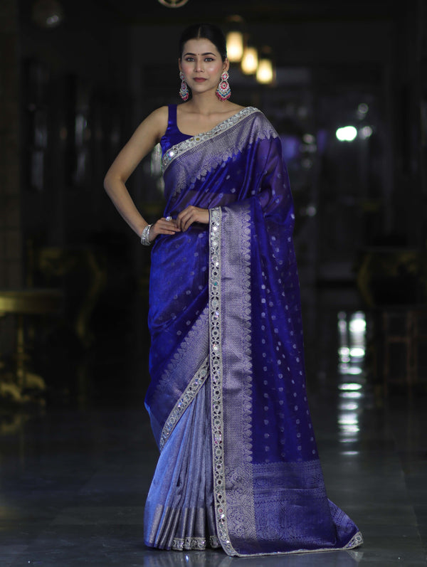 Banarasee Handloom Tissue Saree With Buti Design Zari Border & Lace-Blue