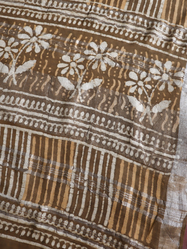 Linen Cotton Bagru Hand-Block Printed Saree-Brown