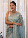 Banarasee Handwoven Crushed Tissue Saree With Hand Embroidered Buti Design & Border-Aqua Blue