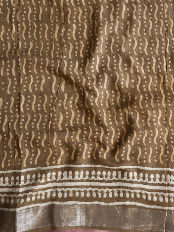 Linen Cotton Bagru Hand-Block Printed Saree-Brown