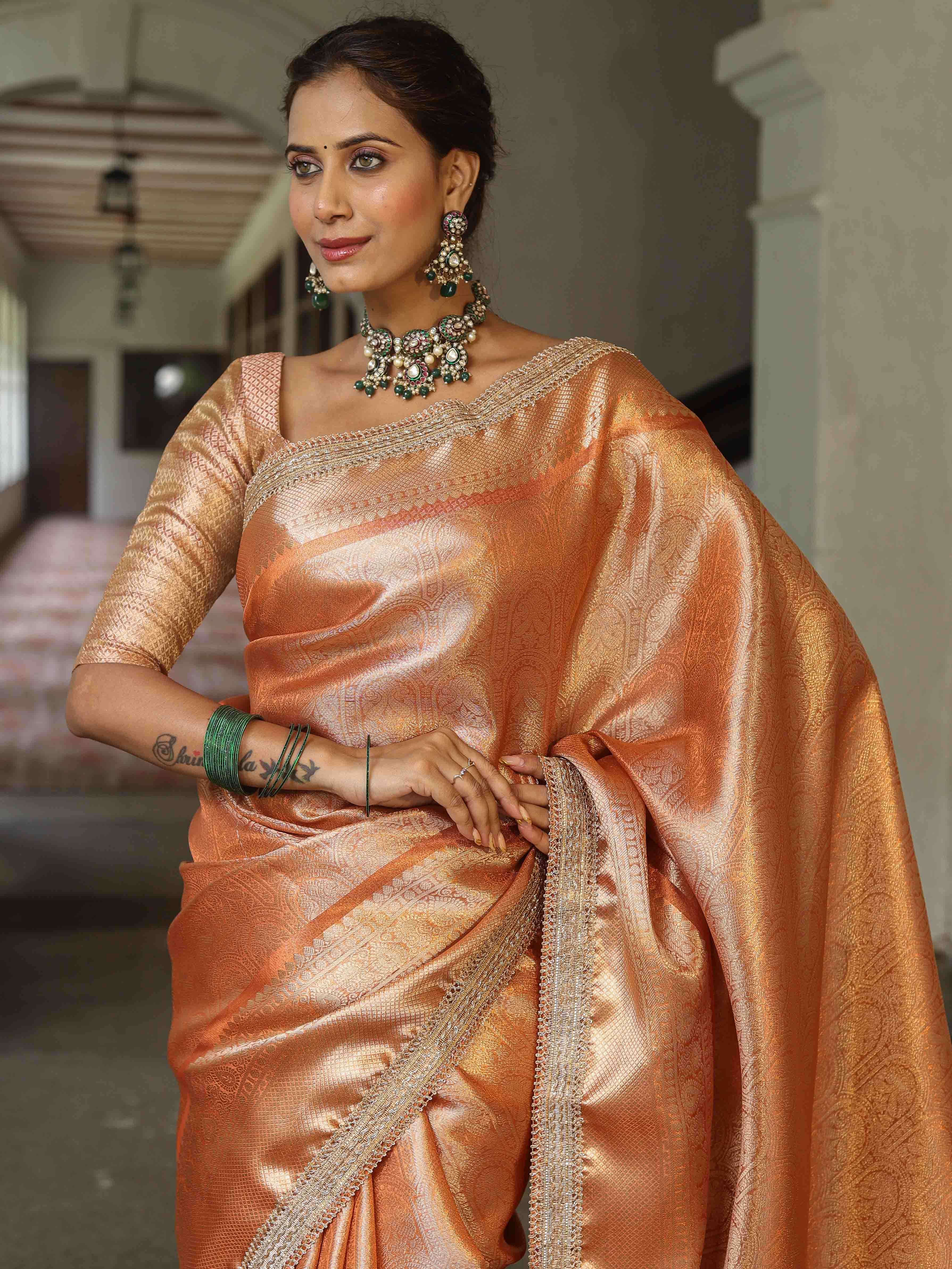 Banarasee Handwoven Tissue Saree With Zari Jaal Design & Lace-Rust