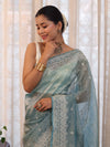Banarasee Handwoven Crushed Tissue Saree With Hand Embroidered Buti Design & Border-Aqua Blue