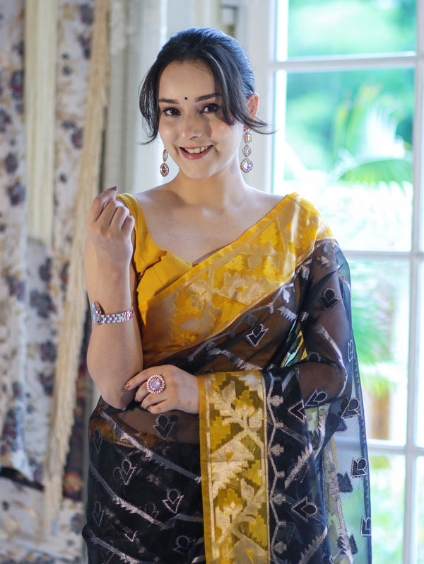 Banarasee Organza Mix Saree With Zari Work & Contrast Border-Black & Yellow