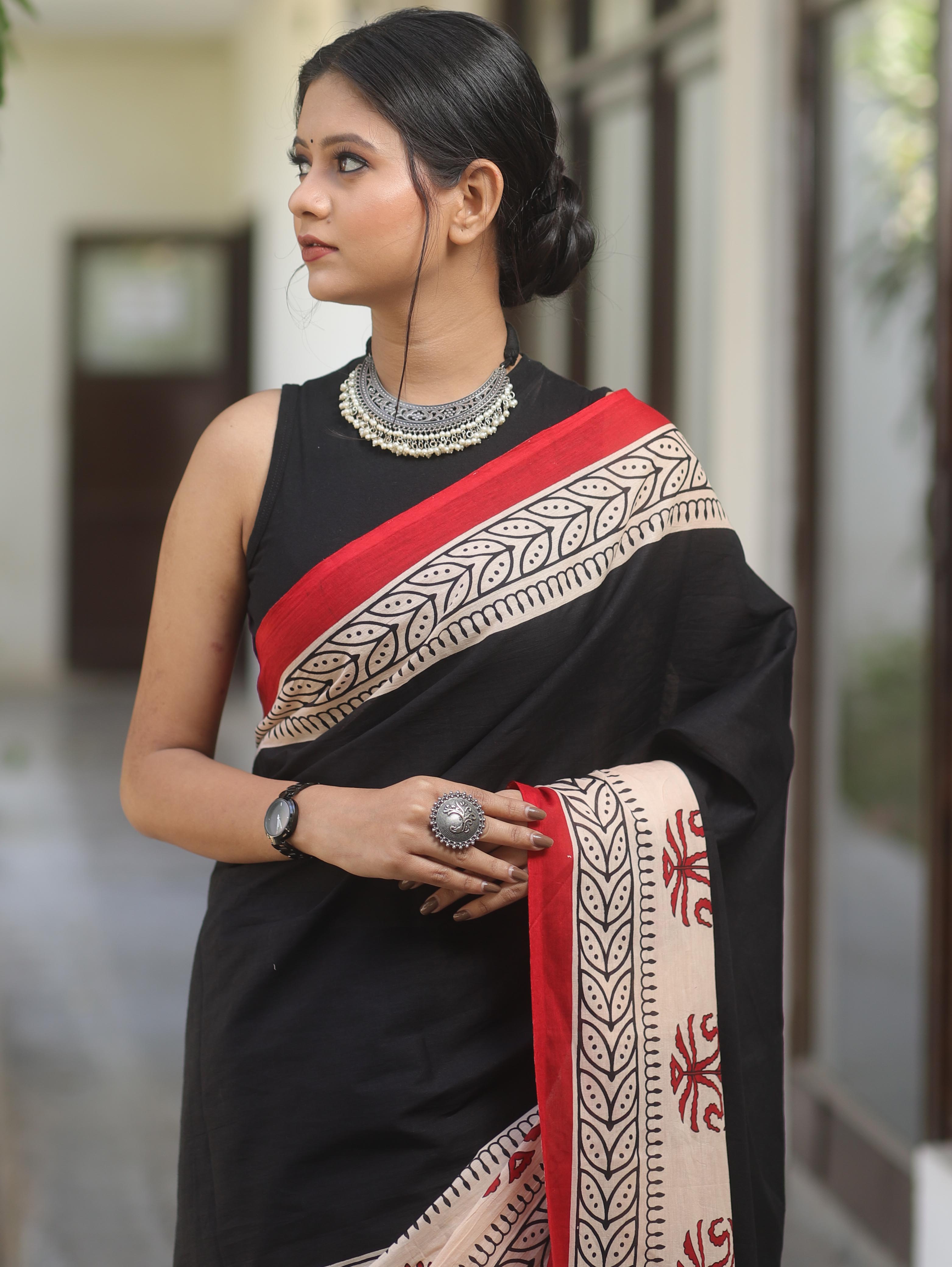 Handloom Mul Cotton Hand-Block Print Saree-Black