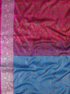 Banarasee Jamewar Tanchoi Soft Silk Saree with Contrast Border-Sky Blue & Magenta