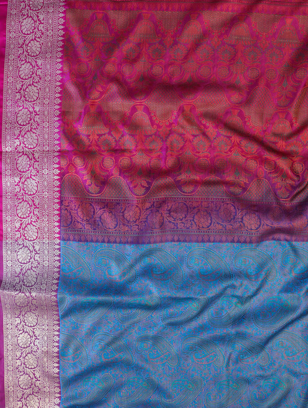 Banarasee Jamewar Tanchoi Soft Silk Saree with Contrast Border-Sky Blue & Magenta