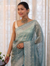 Banarasee Handwoven Crushed Tissue Saree With Hand Embroidered Buti Design & Border-Aqua Blue