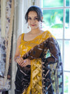 Banarasee Organza Mix Saree With Zari Work & Contrast Border-Black & Yellow