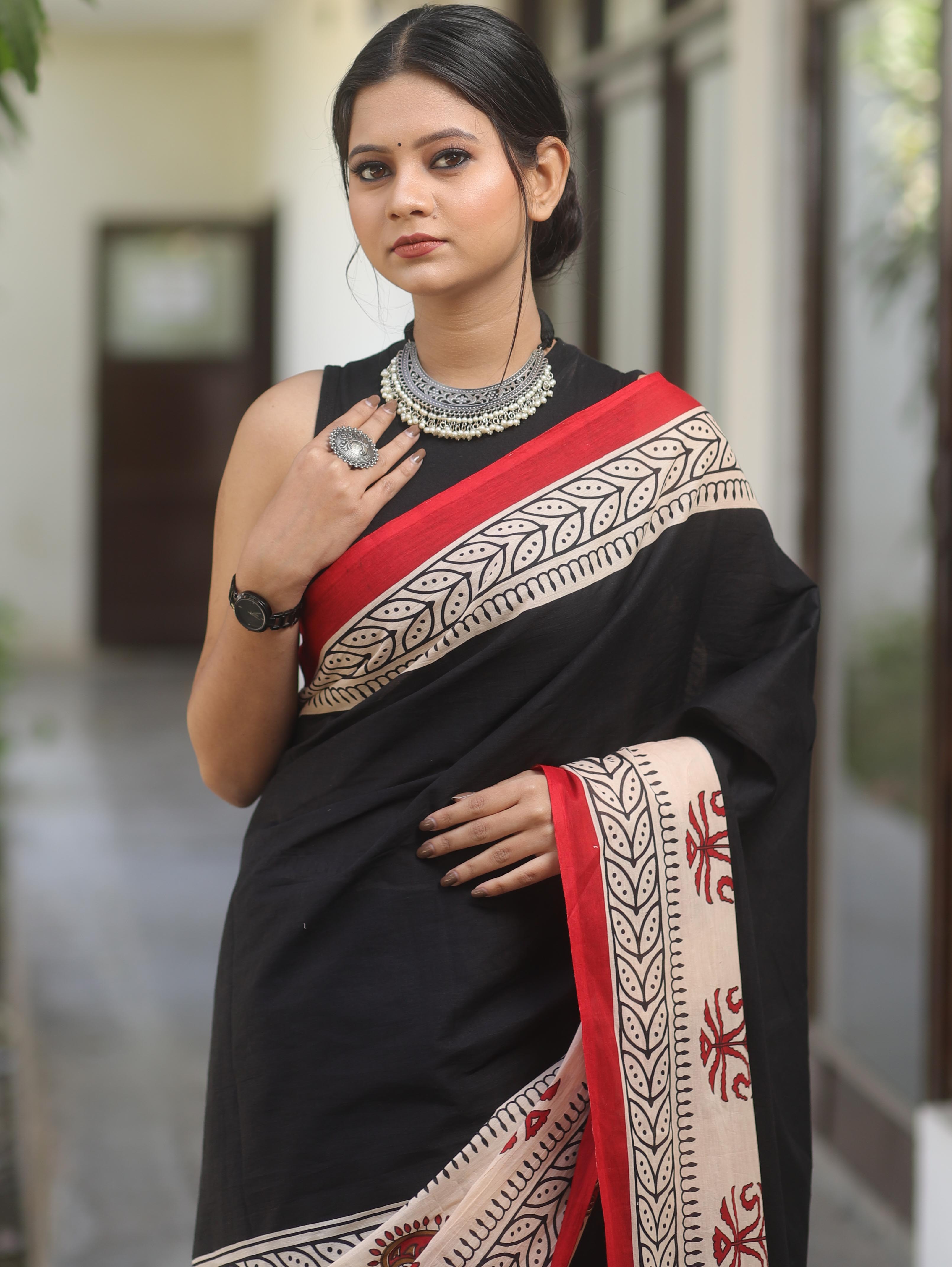 Handloom Mul Cotton Hand-Block Print Saree-Black