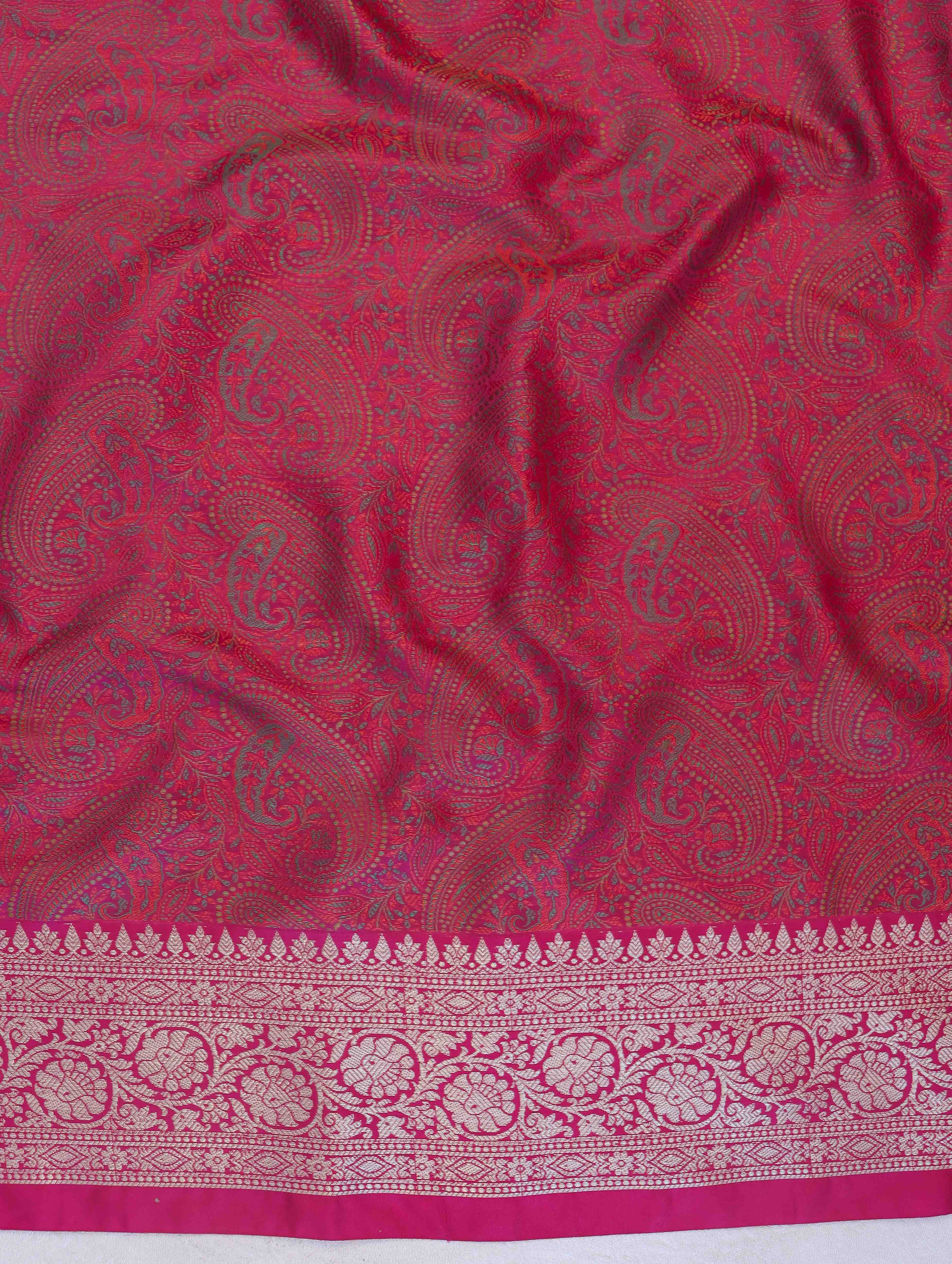 Banarasee Jamewar Tanchoi Soft Silk Saree with Contrast Border-Sky Blue & Magenta